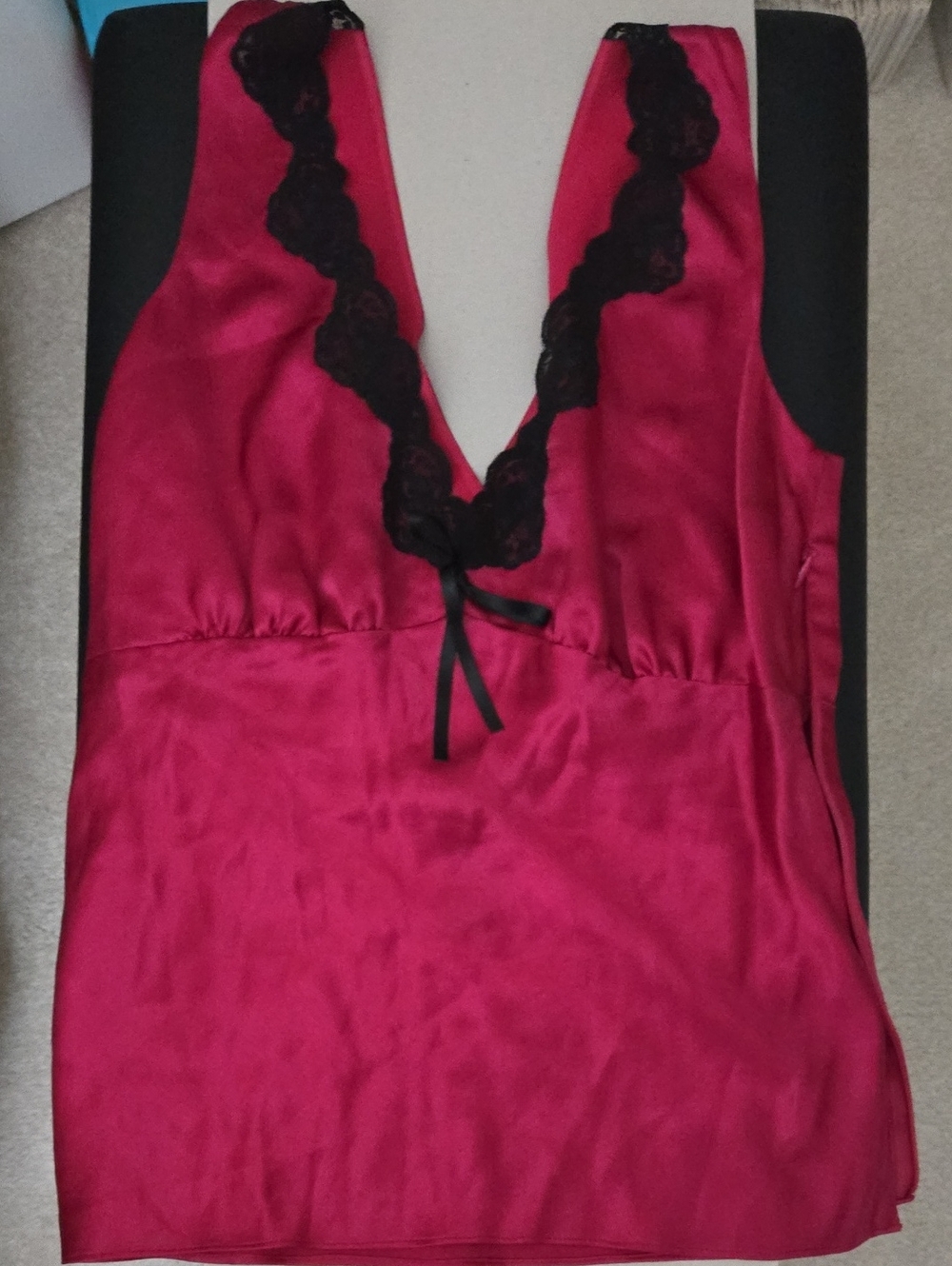 Kenneth Cole New York Red Satin Chemise with Black Lace Trim